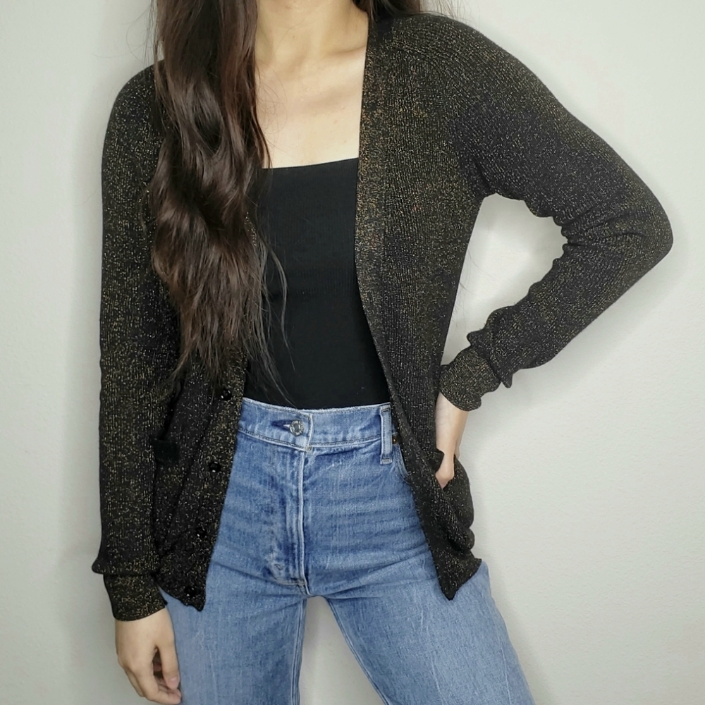 Aritzia Wilfred Black Metallic Sparkle Silk Cashmere Rib Knit Cardigan Sweater